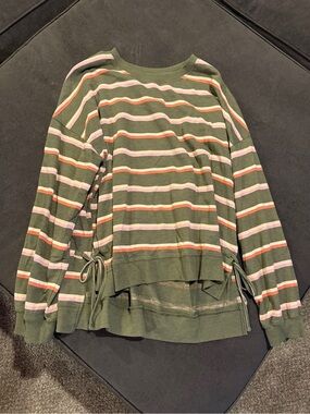 Sonoma Olive Green Striped Pullover Hoodie with Pink & Orange Stripes